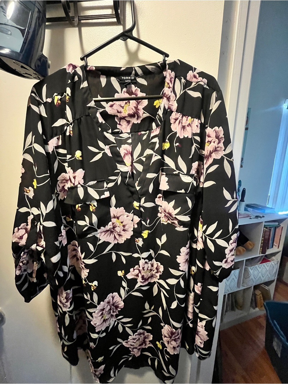 Torrid Black Floral Top with Lavender and Yellow Blooms